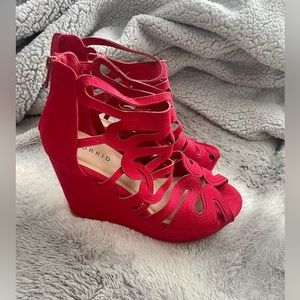Torrid. Red Wedge Heels. Cut our strappy design. Zipper back. Size 10.5W.